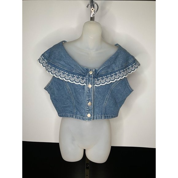 Steffano International Boho Vintage Denim Vest On Shoulder Top Cropped Large - Picture 2 of 8